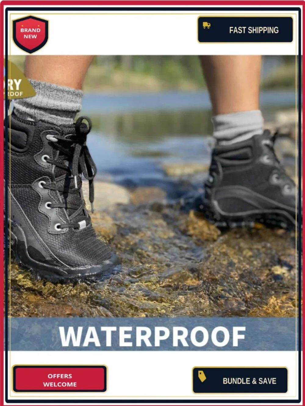 Waterproof Hiking Boots Non Slip Ankle High Durable Rubber Sole Lace Up